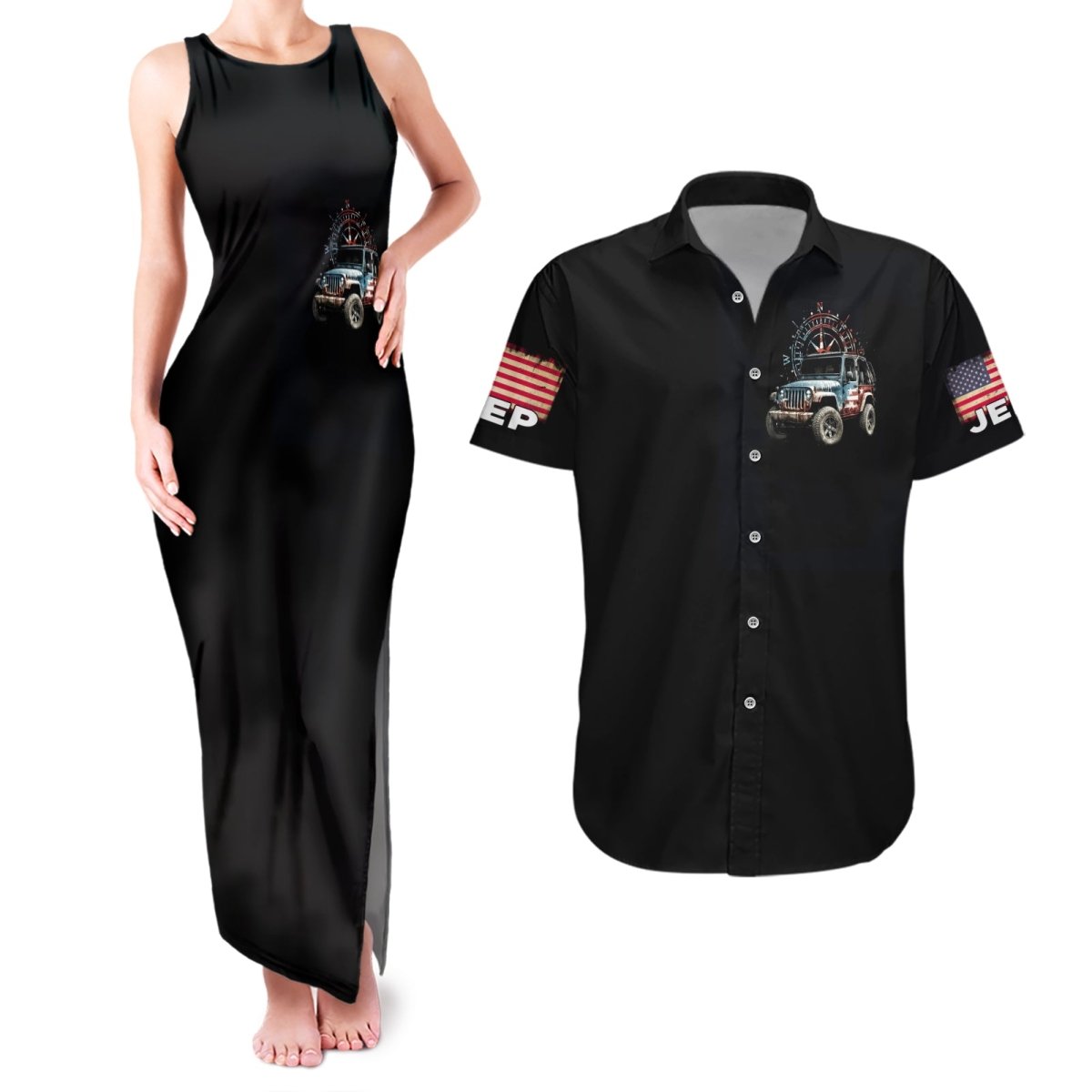 American Jeep Couples Matching Tank Maxi Dress and Hawaiian Shirt Vintage Jeep Life DT01 - The Mazicc - S - S - Black