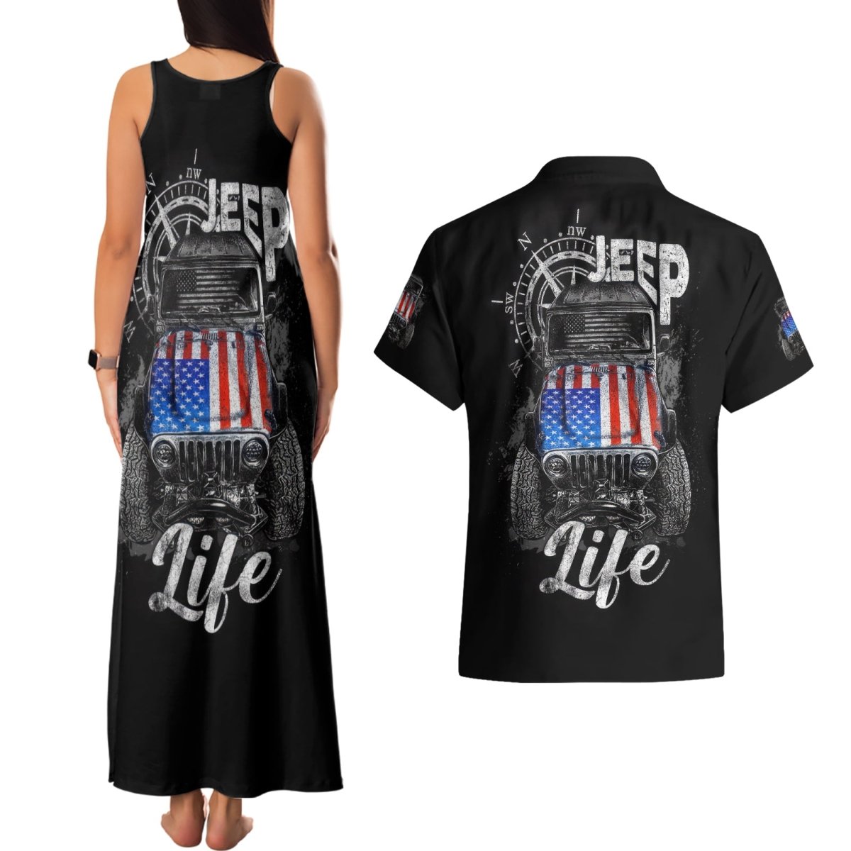 American Jeep Couples Matching Tank Maxi Dress and Hawaiian Shirt Vintage Jeep Life DT01 - The Mazicc - S - S - Black