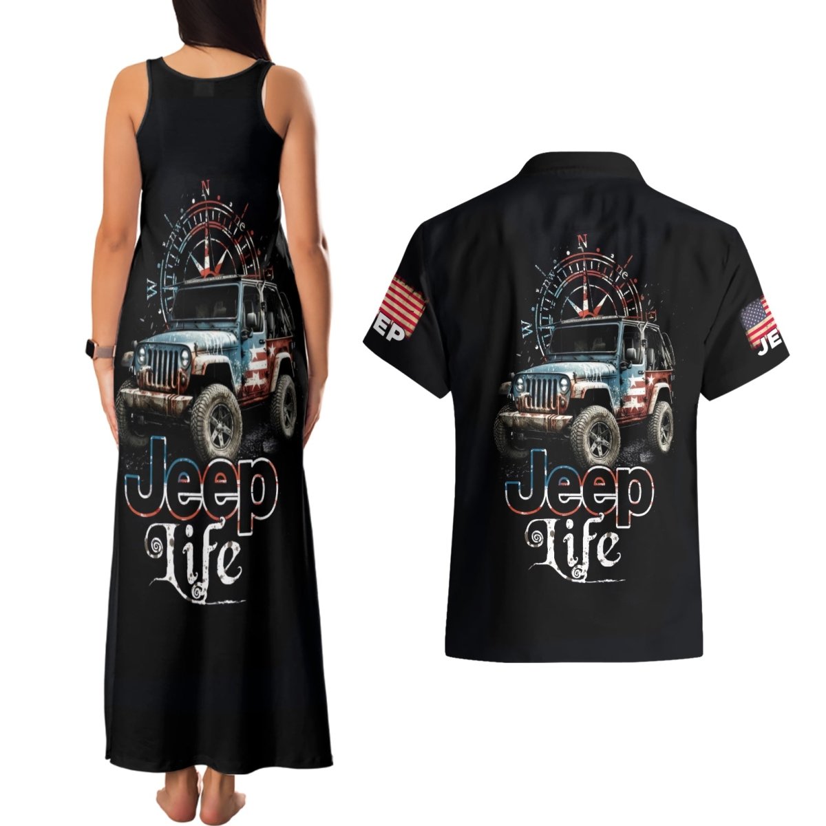 American Jeep Couples Matching Tank Maxi Dress and Hawaiian Shirt Vintage Jeep Life DT01 - The Mazicc - S - S - Black