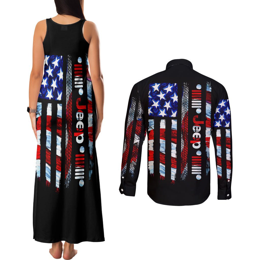 American Jeep Couples Matching Tank Maxi Dress and Long Sleeve Button Shirt American Flag Jeep Life DT01 - The Mazicc - S - S - Black