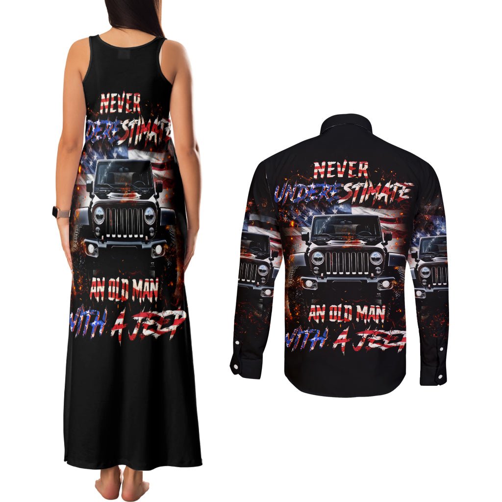 American Jeep Couples Matching Tank Maxi Dress and Long Sleeve Button Shirt Never Underestimate An Old Man With A Jeep DT01 - The Mazicc - S - S - Black