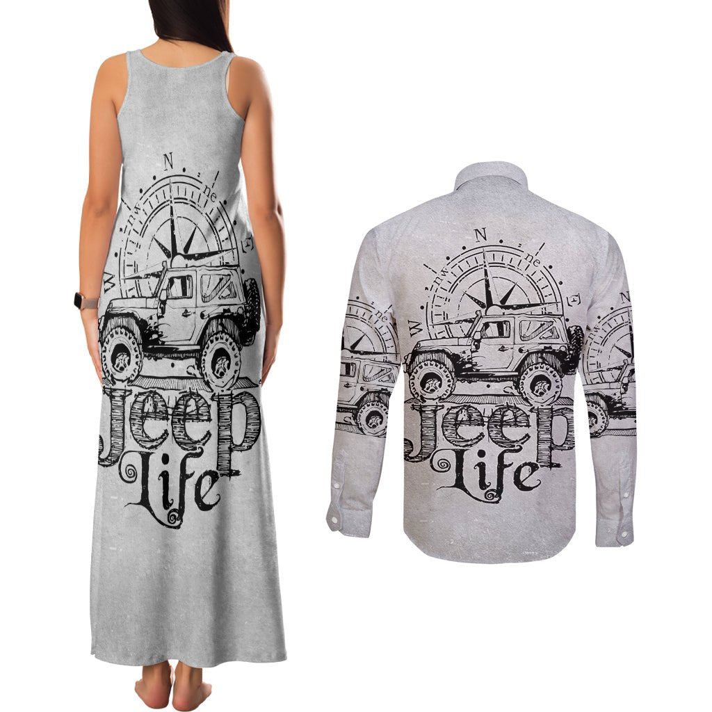 American Jeep Couples Matching Tank Maxi Dress and Long Sleeve Button Shirt Sketch Art Jeep Life DT01 - The Mazicc - S - S - Gray
