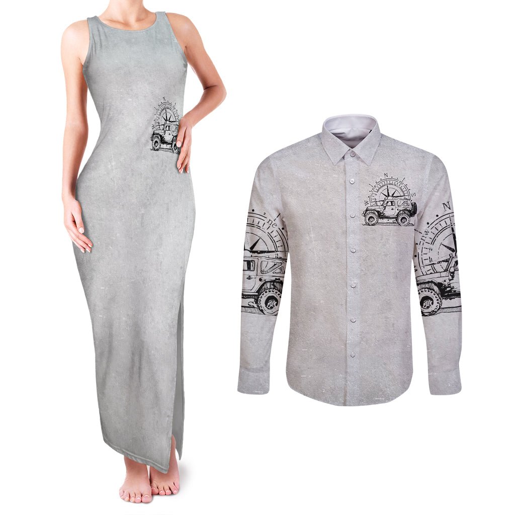 American Jeep Couples Matching Tank Maxi Dress and Long Sleeve Button Shirt Sketch Art Jeep Life DT01 - The Mazicc - S - S - Gray