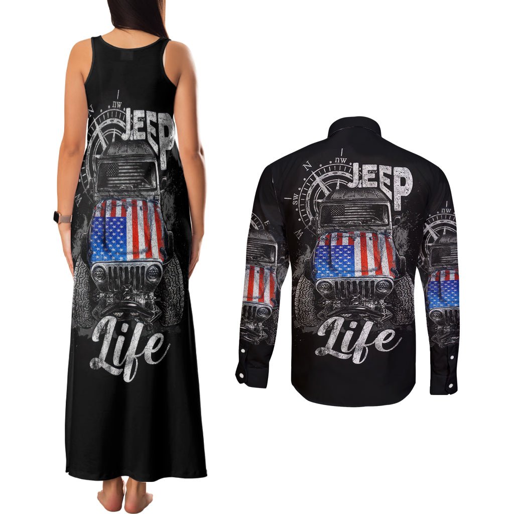 American Jeep Couples Matching Tank Maxi Dress and Long Sleeve Button Shirt Vintage Jeep Life DT01 - The Mazicc - S - S - Black