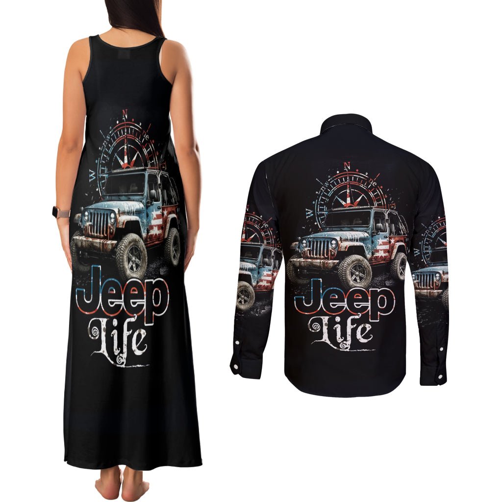 American Jeep Couples Matching Tank Maxi Dress and Long Sleeve Button Shirt Vintage Jeep Life DT01 - The Mazicc - S - S - Black
