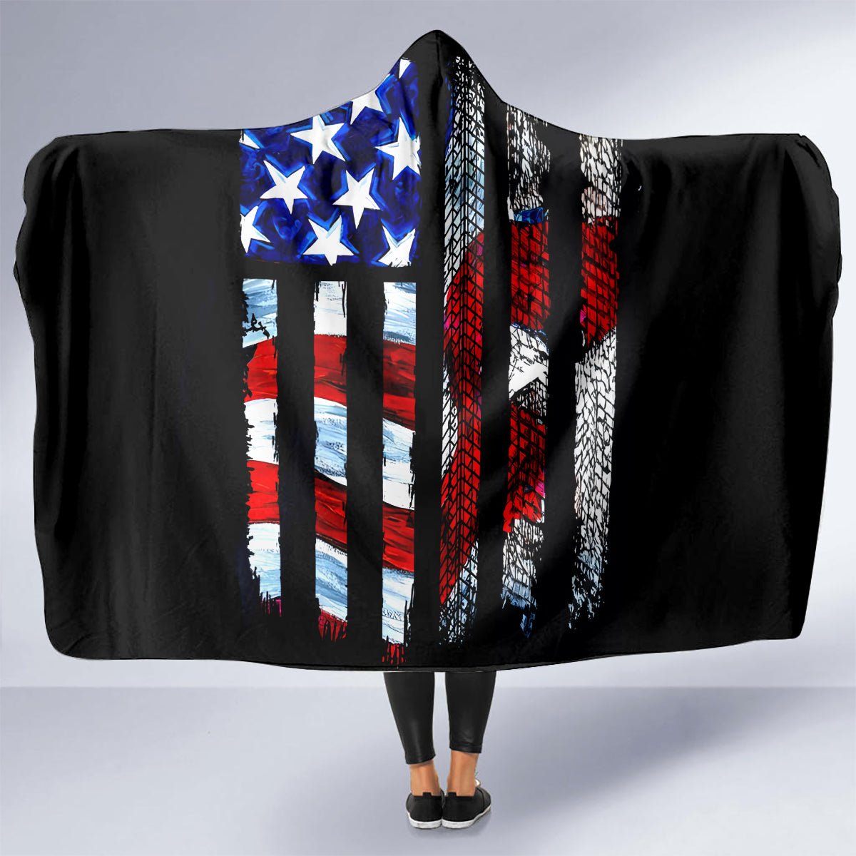 American Jeep Hooded Blanket American Flag Jeep Life DT01 - The Mazicc - Youth 60"x45" - One Size - Black