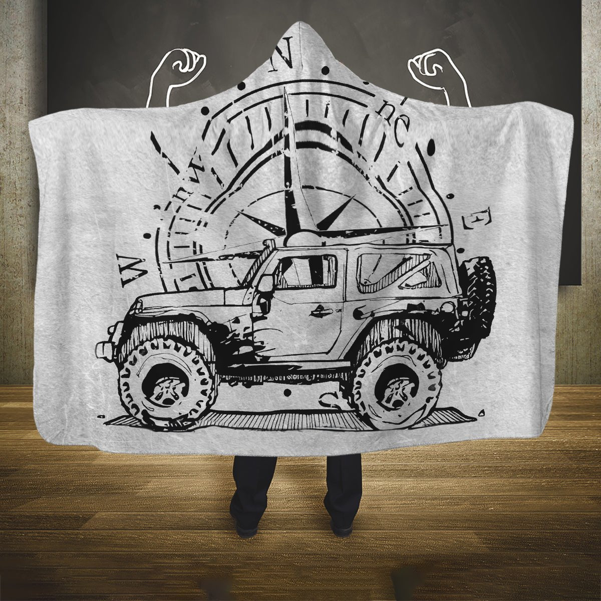 American Jeep Hooded Blanket Sketch Art Jeep Life DT01 - The Mazicc - Youth 60"x45" - One Size - Gray