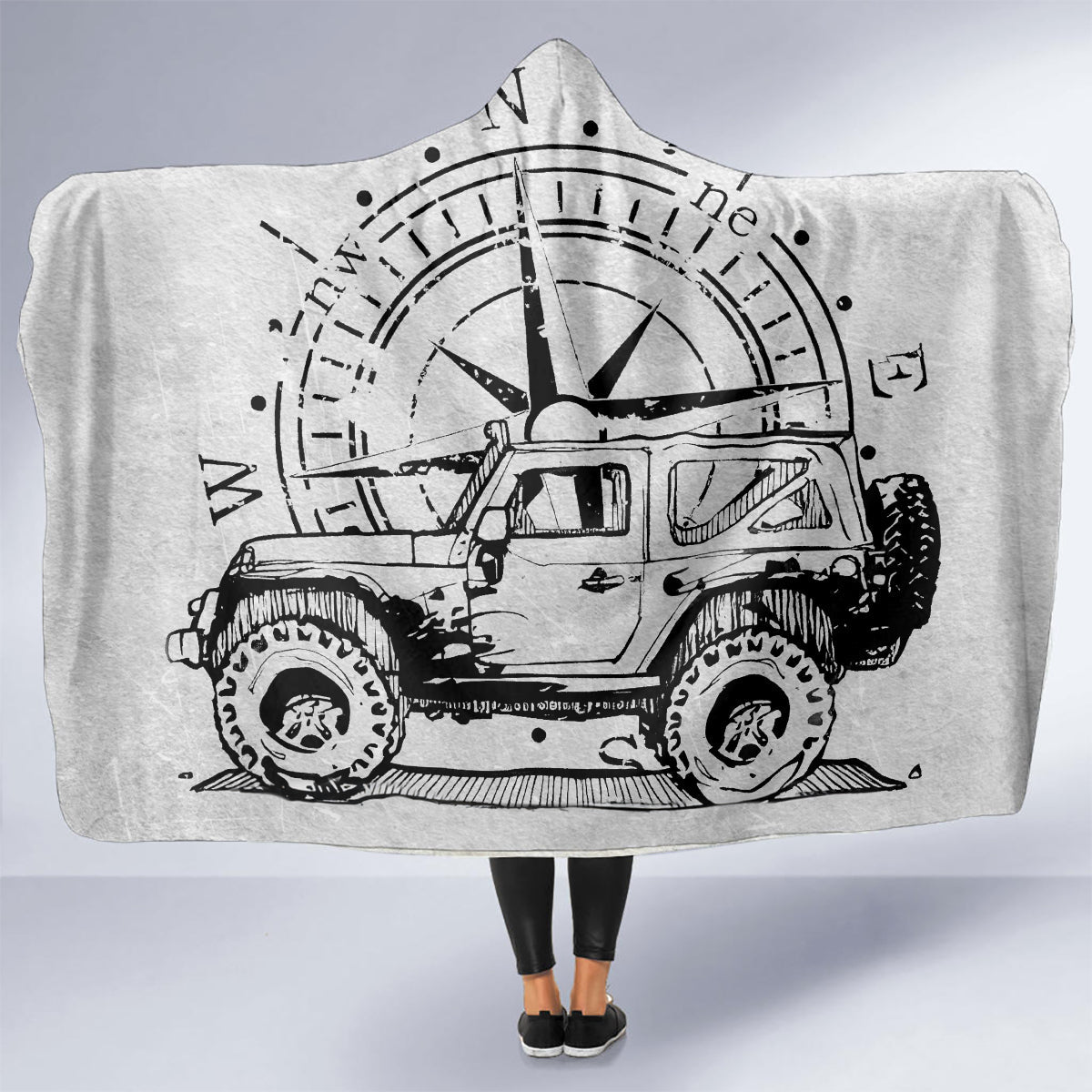 American Jeep Hooded Blanket Sketch Art Jeep Life DT01 - The Mazicc - Youth 60"x45" - One Size - Gray