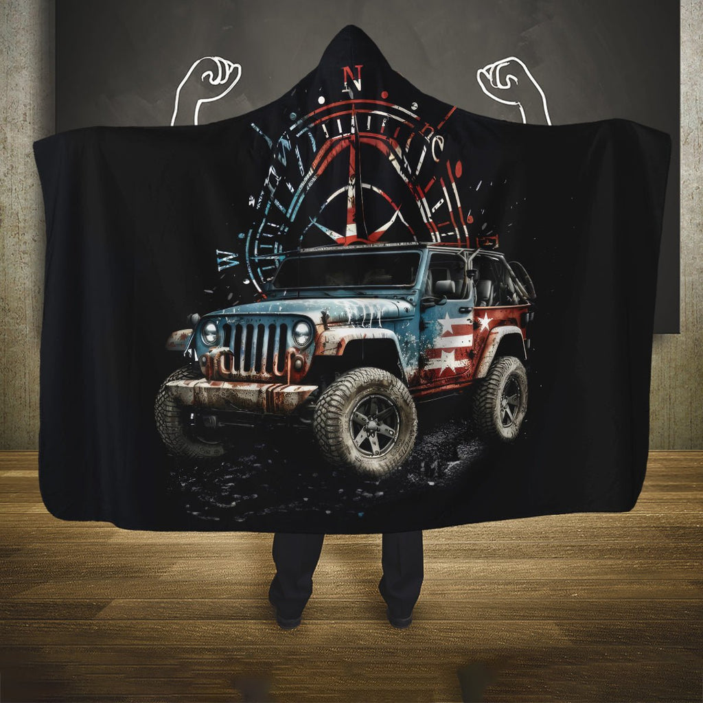 American Jeep Hooded Blanket Vintage Jeep Life DT01 - The Mazicc - Youth 60"x45" - One Size - Black