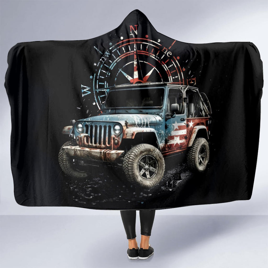 American Jeep Hooded Blanket Vintage Jeep Life DT01 - The Mazicc - Youth 60"x45" - One Size - Black