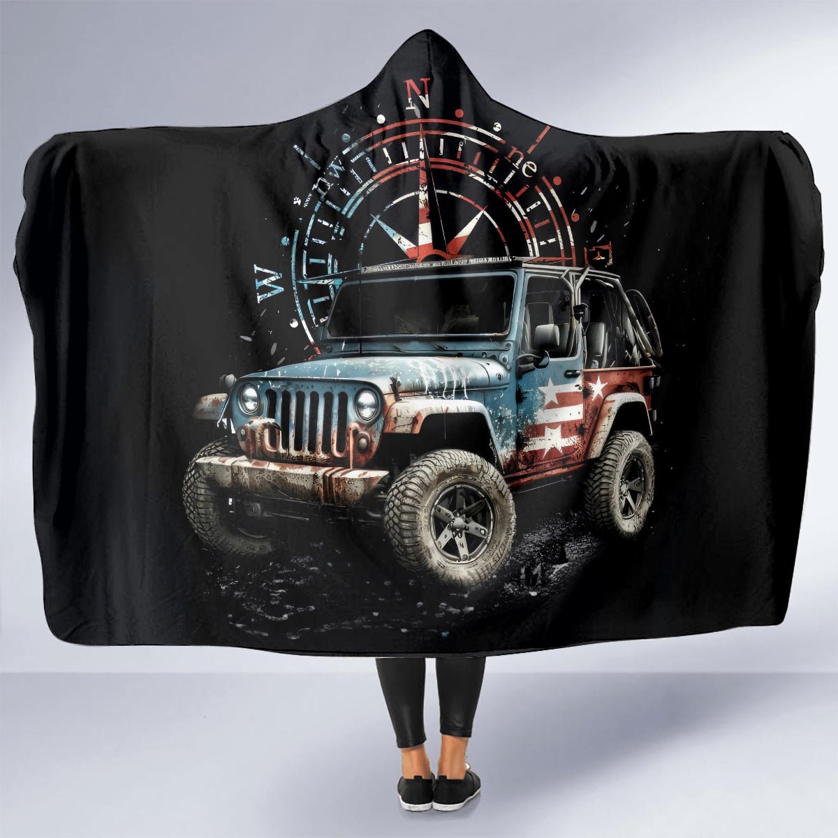 American Jeep Hooded Blanket Vintage Jeep Life DT01 - The Mazicc - Youth 60"x45" - One Size - Black