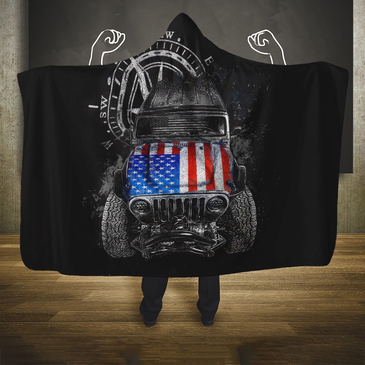 American Jeep Hooded Blanket Vintage Jeep Life DT01 - The Mazicc - Youth 60"x45" - One Size - Black