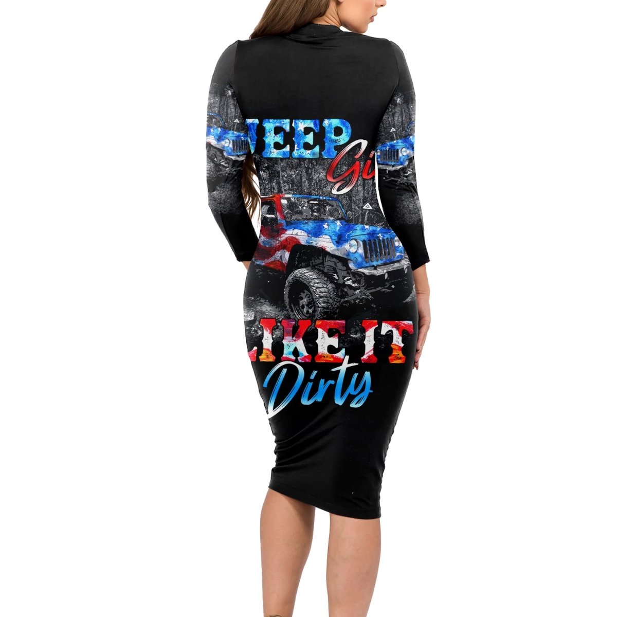 American Jeep Long Sleeve Bodycon Dress Jeep Girls Like It Dirty DT01 - The Mazicc - Long Dress - S - Black