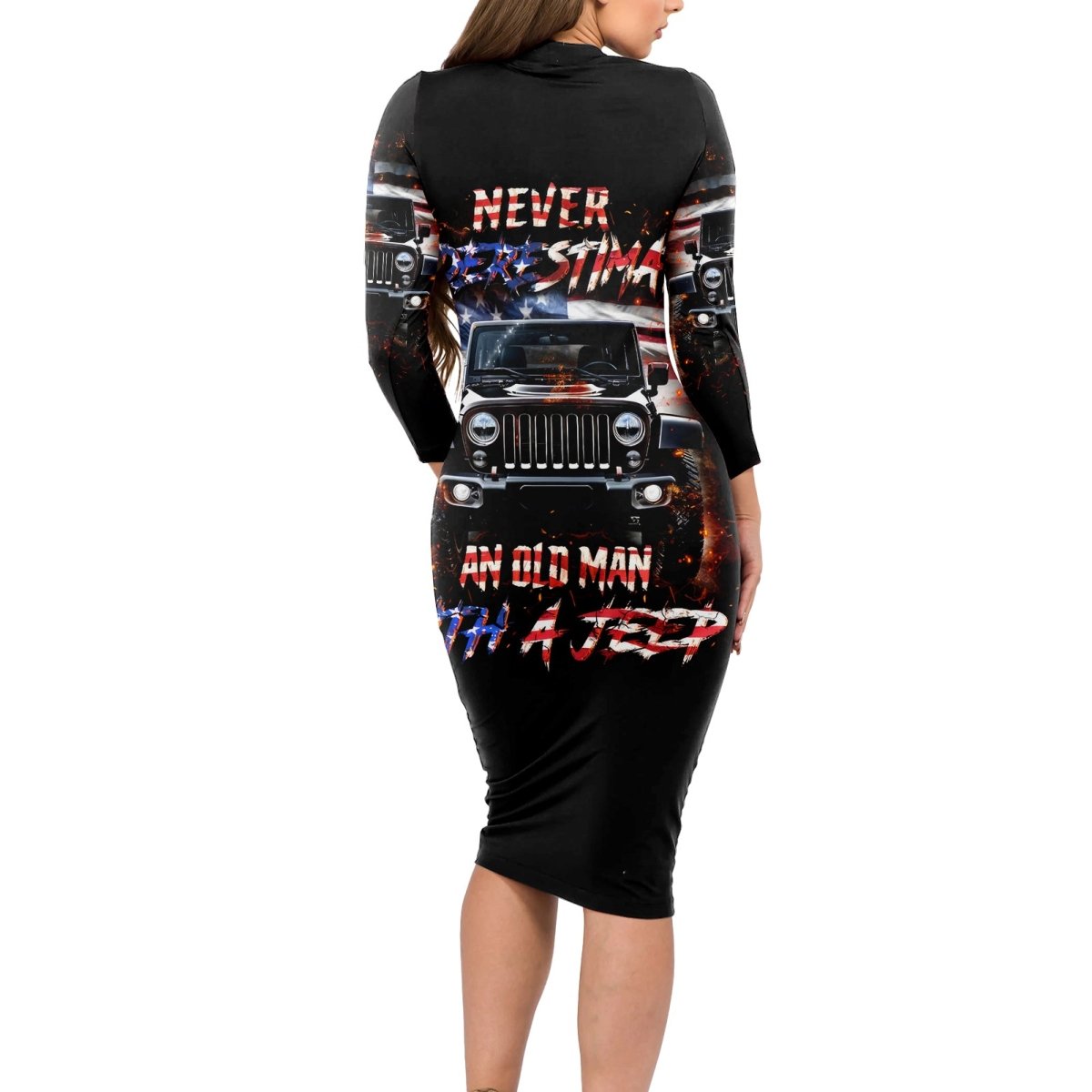 American Jeep Long Sleeve Bodycon Dress Never Underestimate An Old Man With A Jeep DT01 - The Mazicc - Long Dress - S - Black