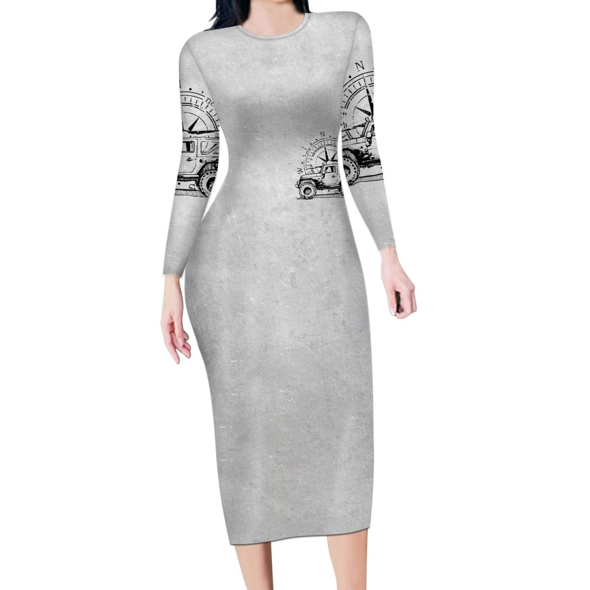 American Jeep Long Sleeve Bodycon Dress Sketch Art Jeep Life DT01 - The Mazicc - Long Dress - S - Gray