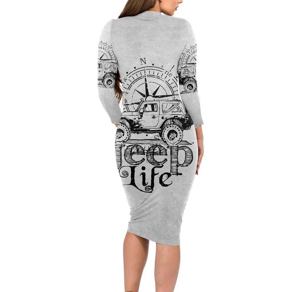 American Jeep Long Sleeve Bodycon Dress Sketch Art Jeep Life DT01 - The Mazicc - Long Dress - S - Gray
