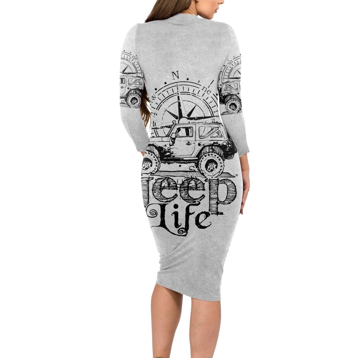 American Jeep Long Sleeve Bodycon Dress Sketch Art Jeep Life DT01 - The Mazicc - Long Dress - S - Gray