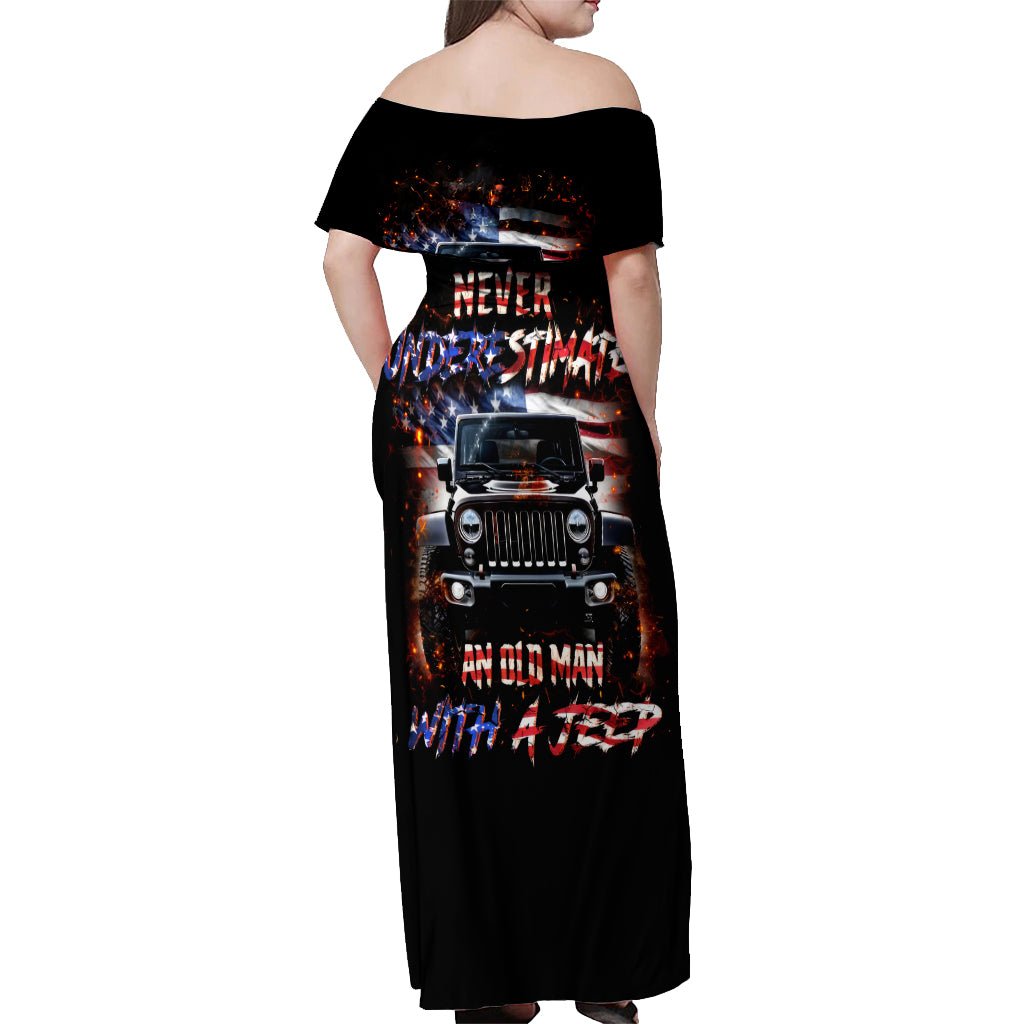 American Jeep Off Shoulder Maxi Dress Never Underestimate An Old Man With A Jeep DT01 - The Mazicc - Women - S - Black