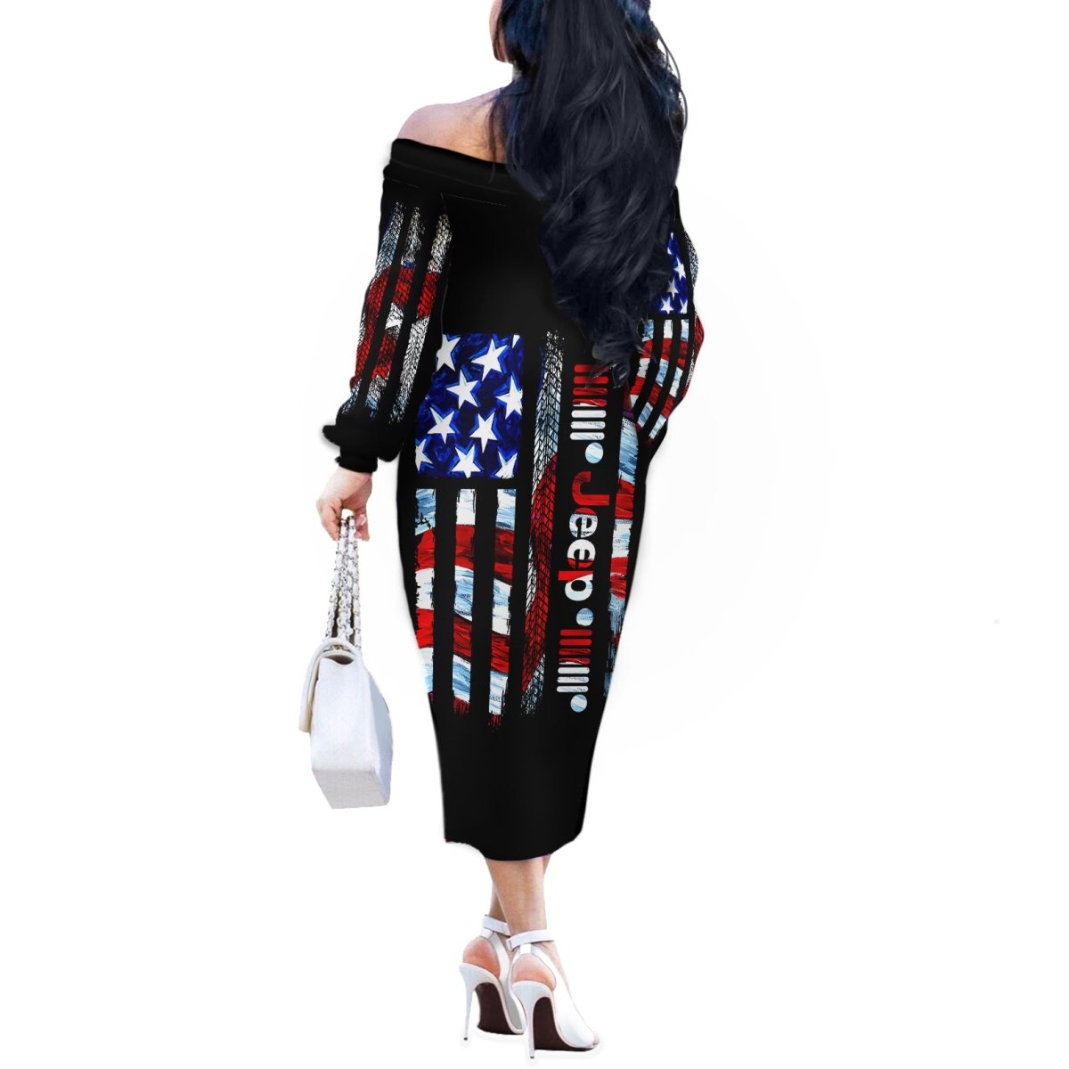 American Jeep Off The Shoulder Long Sleeve Dress American Flag Jeep Life DT01 - The Mazicc - Women - S - Black