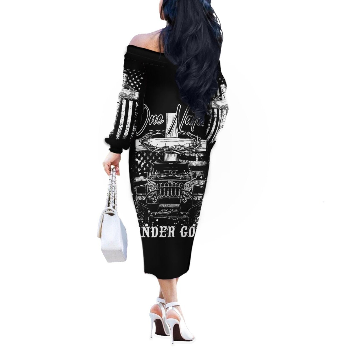 American Jeep Off The Shoulder Long Sleeve Dress One Nation Under God DT01 - The Mazicc - Women - S - Black