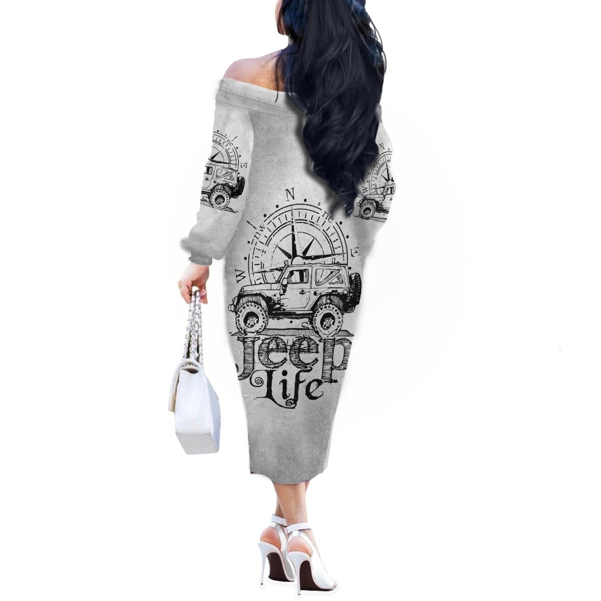 American Jeep Off The Shoulder Long Sleeve Dress Sketch Art Jeep Life DT01 - The Mazicc - Women - S - Gray