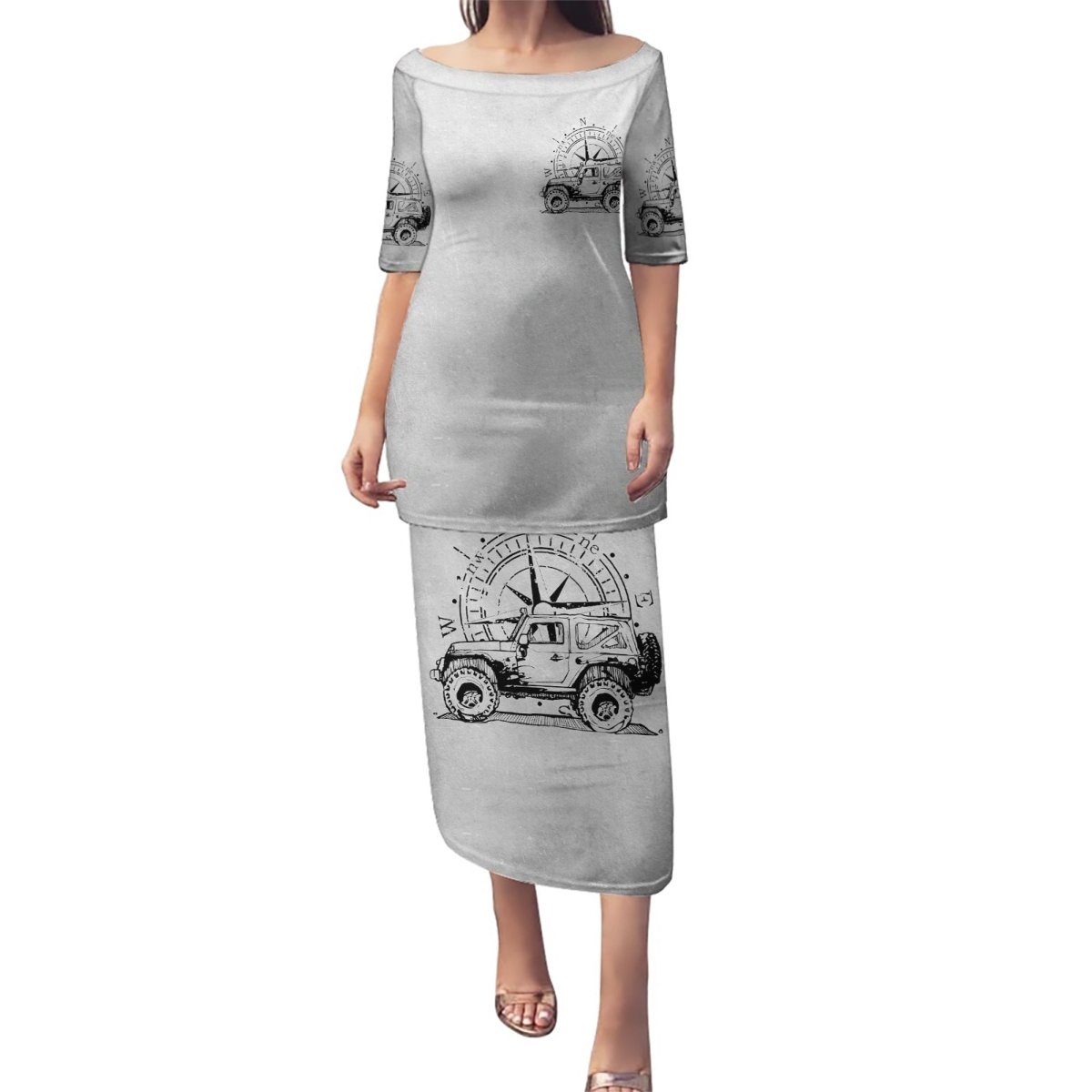 American Jeep Puletasi Sketch Art Jeep Life DT01 - The Mazicc - Long Dress - S - Gray