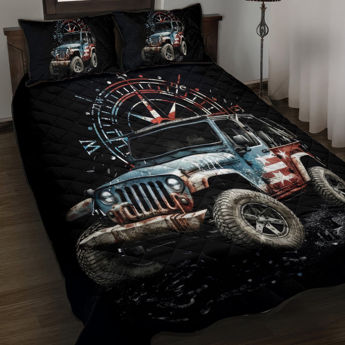 American Jeep Quilt Bed Set Vintage Jeep Life DT01 - The Mazicc - Twin - 190cm x 216cm - Black
