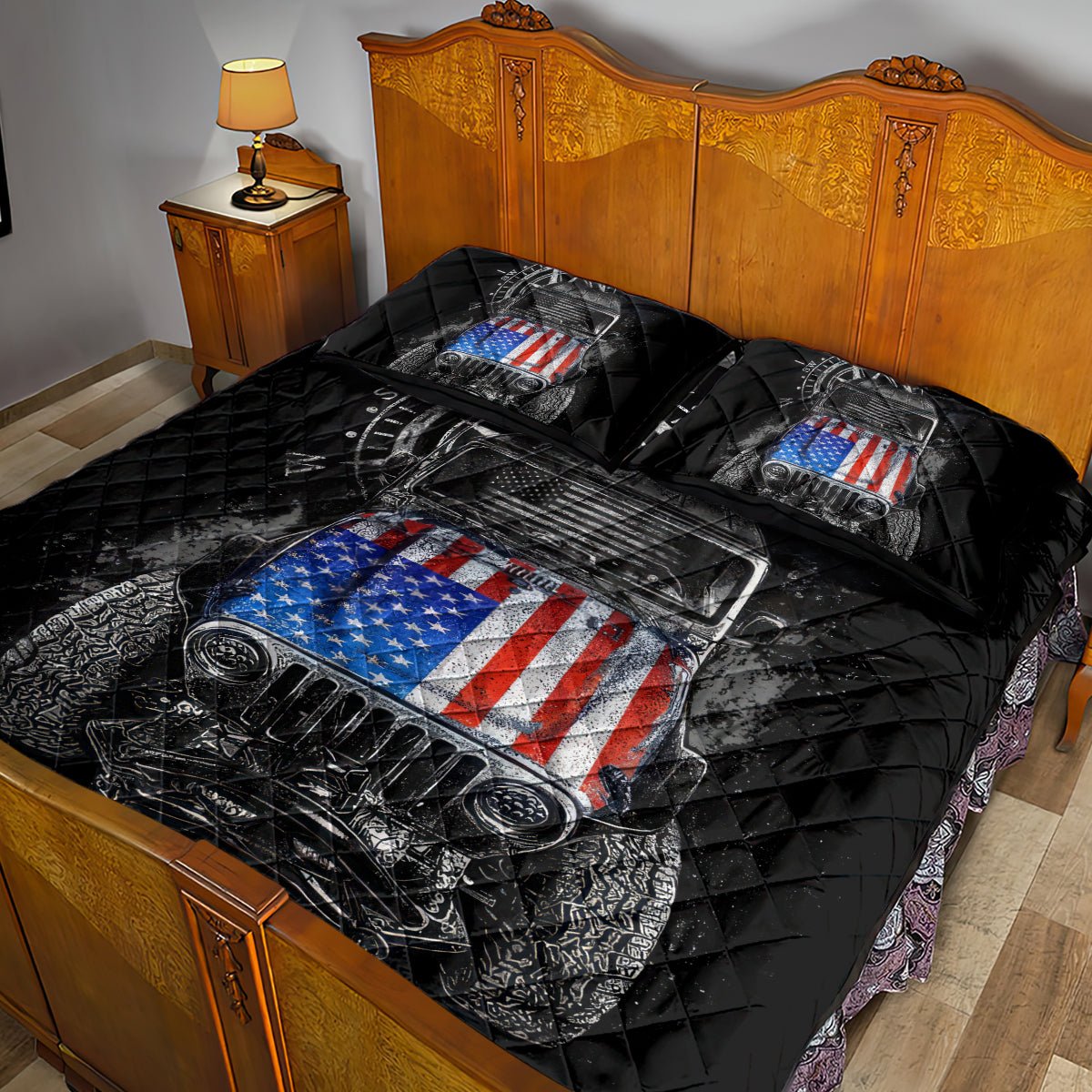 American Jeep Quilt Bed Set Vintage Jeep Life DT01 - The Mazicc - Twin - 190cm x 216cm - Black