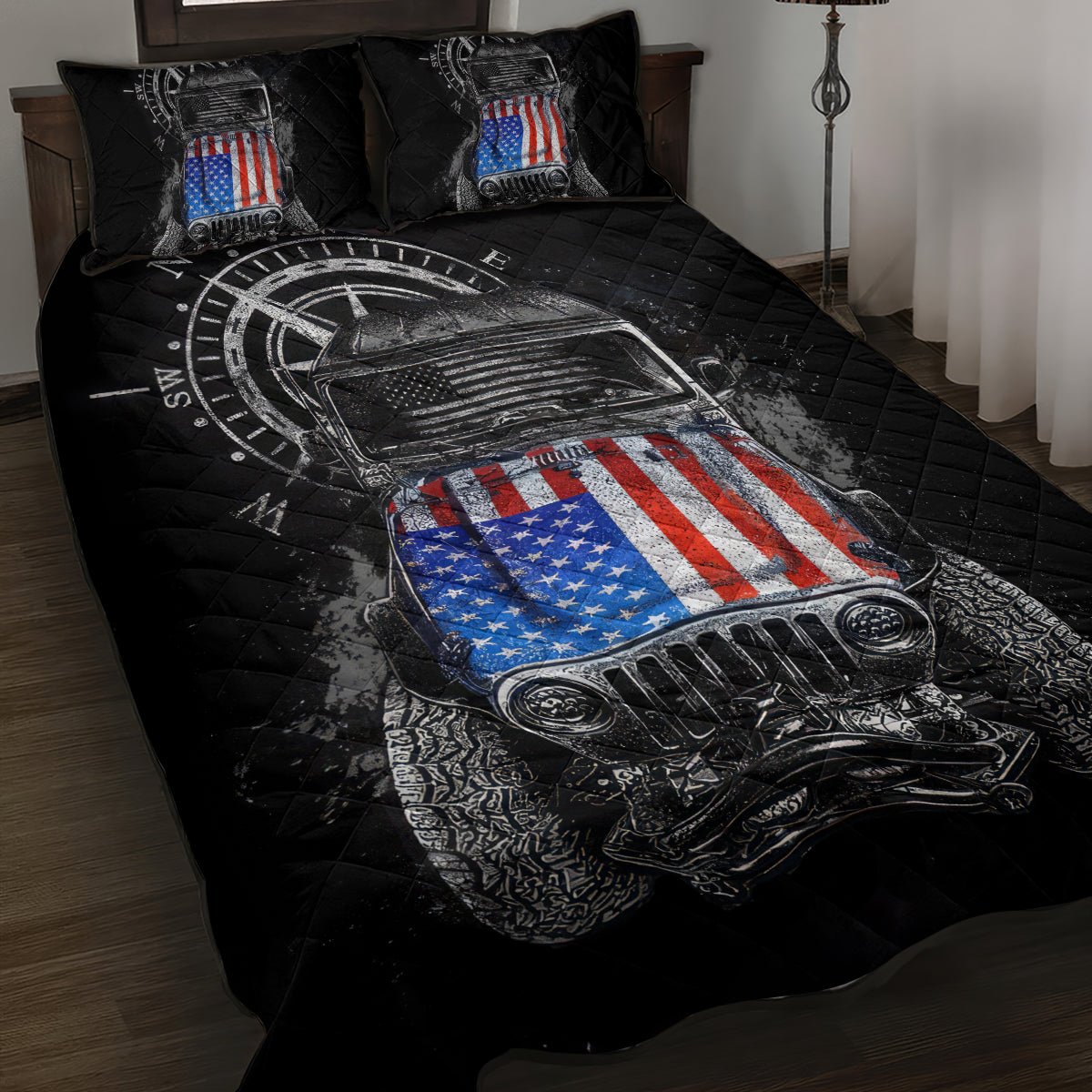 American Jeep Quilt Bed Set Vintage Jeep Life DT01 - The Mazicc - Twin - 190cm x 216cm - Black