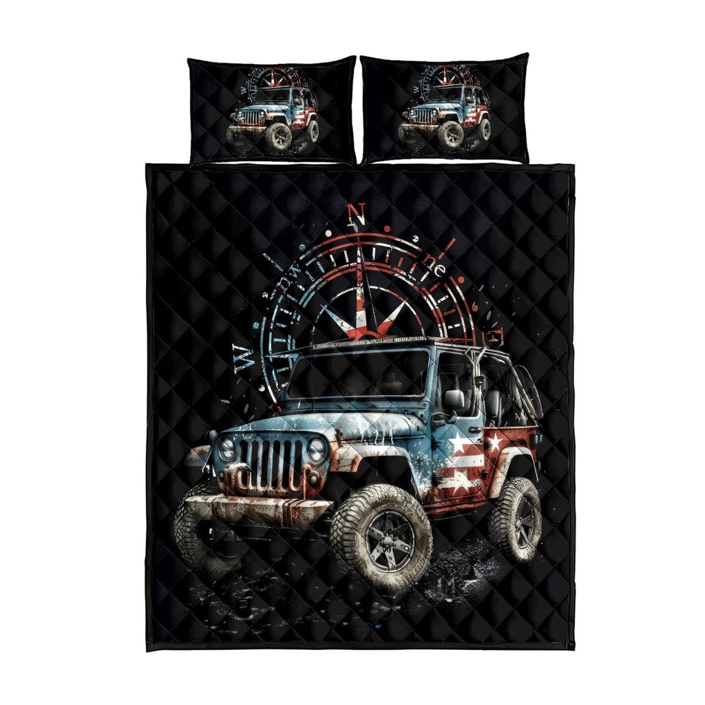 American Jeep Quilt Bed Set Vintage Jeep Life DT01 - The Mazicc - Twin - 190cm x 216cm - Black
