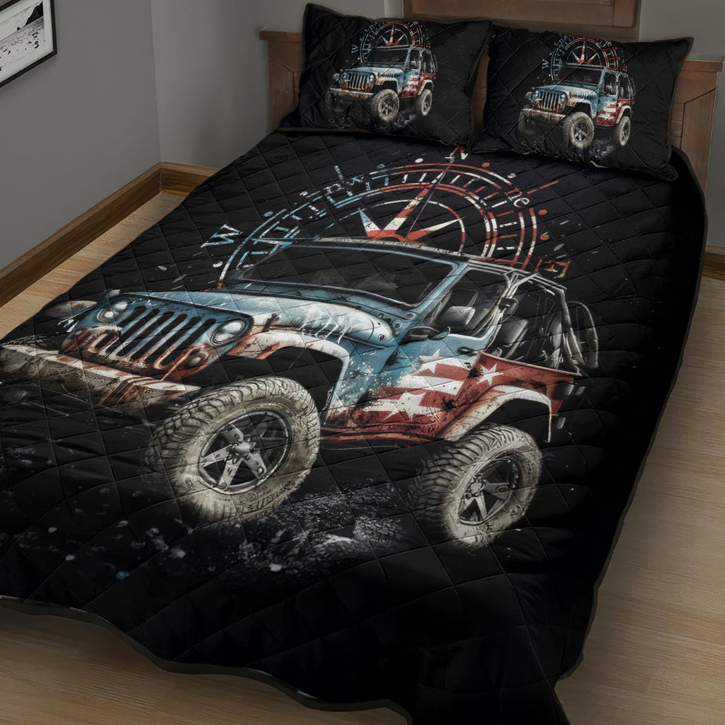 American Jeep Quilt Bed Set Vintage Jeep Life DT01 - The Mazicc - Twin - 190cm x 216cm - Black