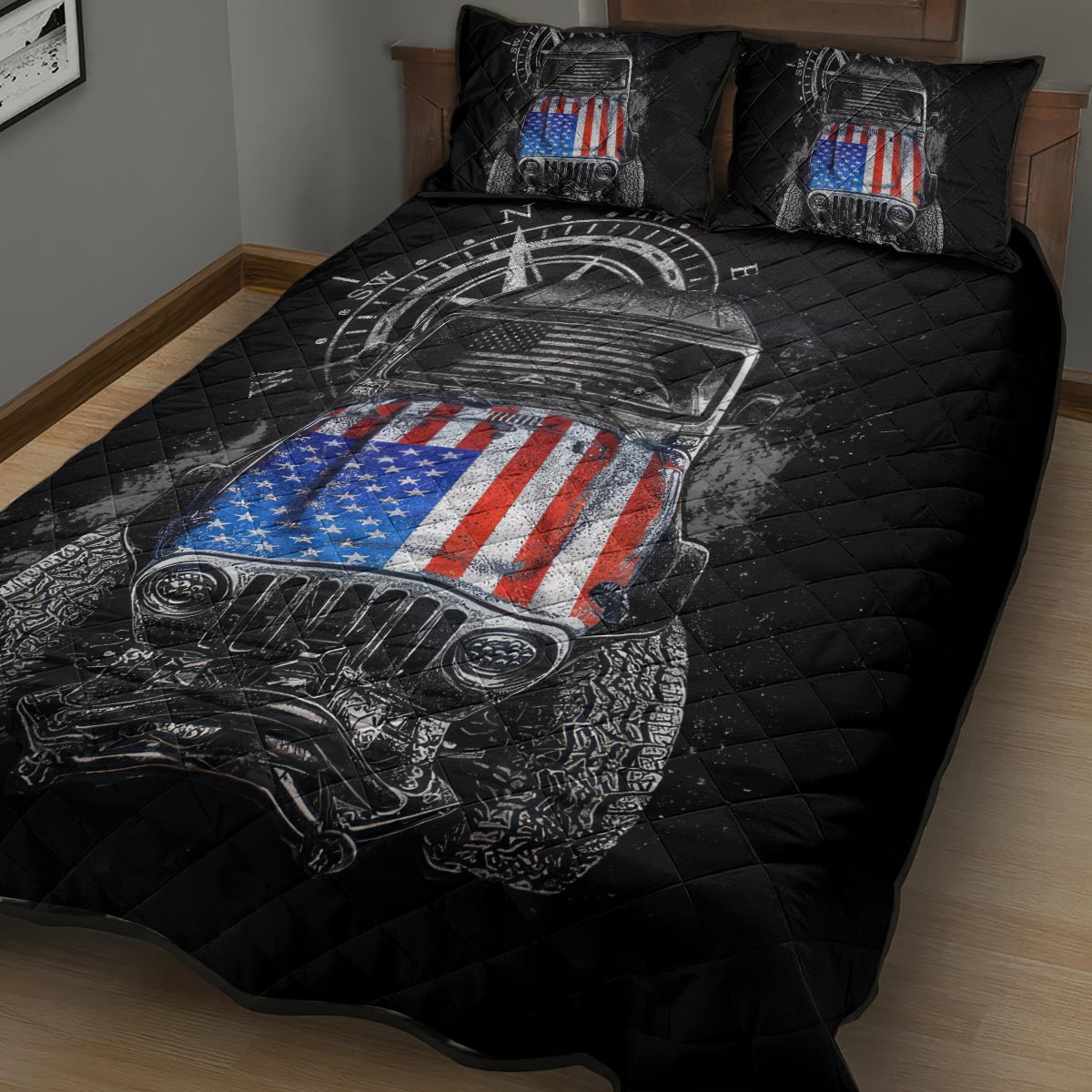 American Jeep Quilt Bed Set Vintage Jeep Life DT01 - The Mazicc - Twin - 190cm x 216cm - Black
