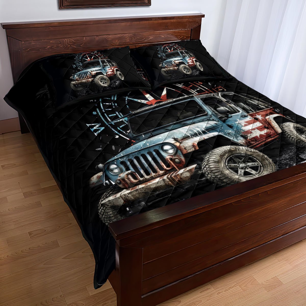 American Jeep Quilt Bed Set Vintage Jeep Life DT01 - The Mazicc - Twin - 190cm x 216cm - Black