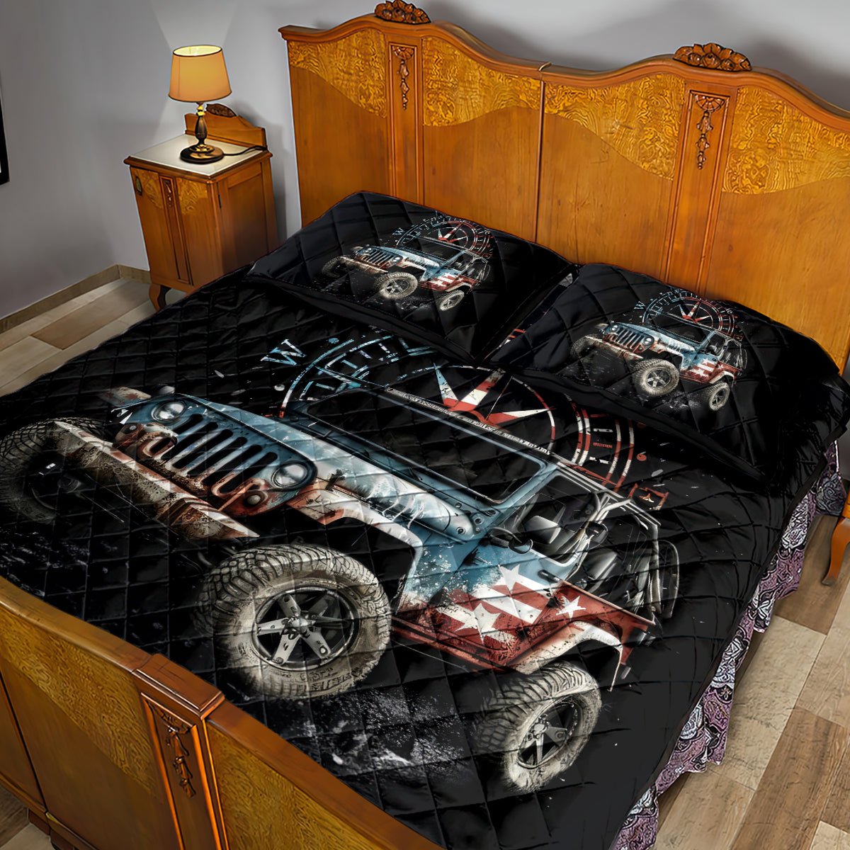 American Jeep Quilt Bed Set Vintage Jeep Life DT01 - The Mazicc - Twin - 190cm x 216cm - Black