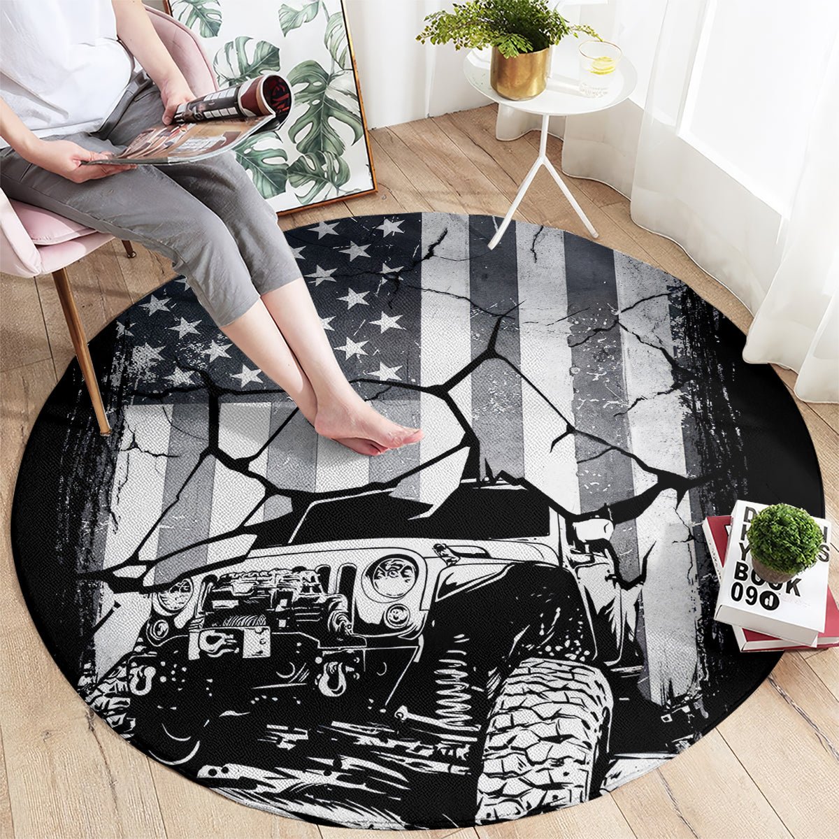 American Jeep Round Carpet American Flag But Did You Die DT01 - The Mazicc - S - 23.6 inches / 60 cm - White