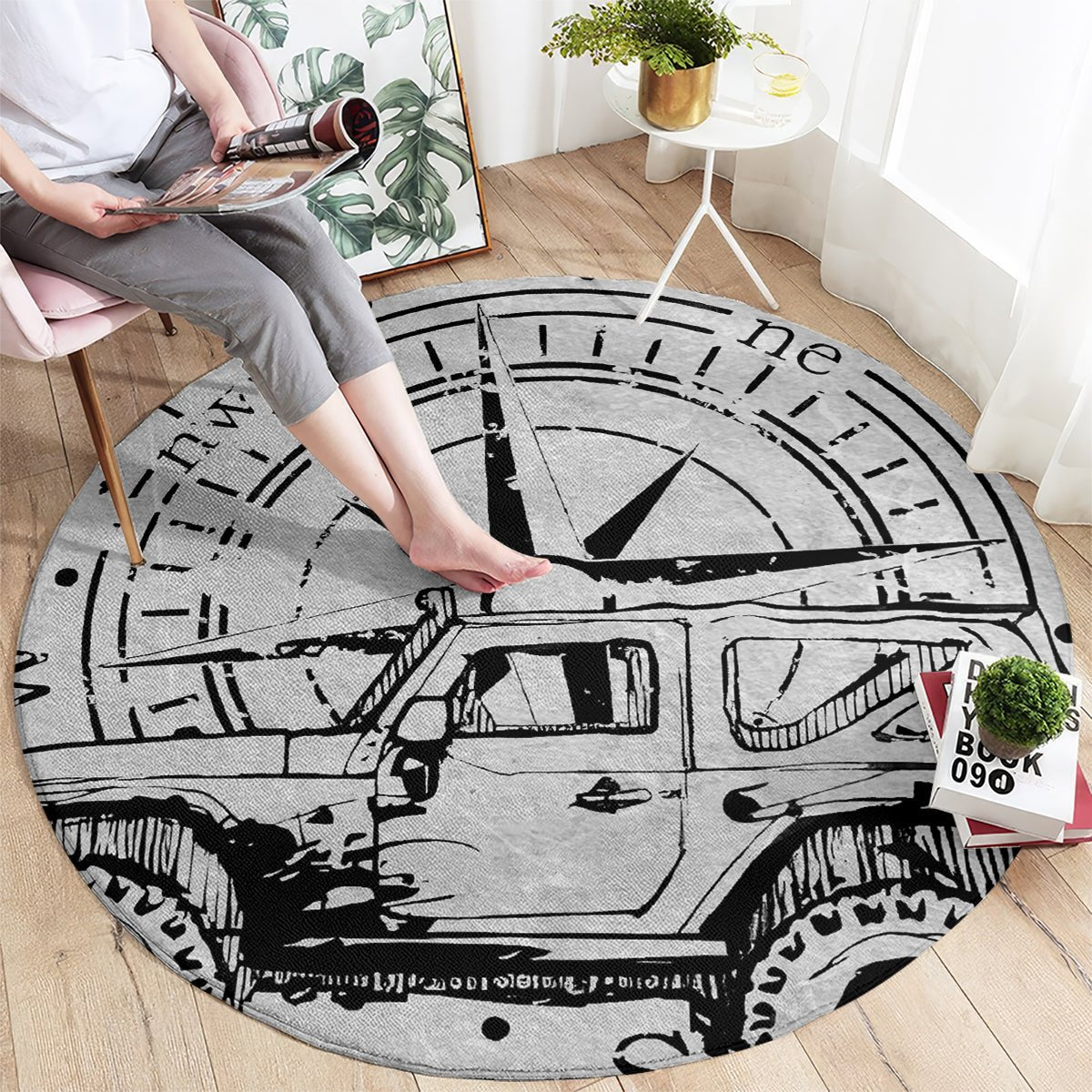 American Jeep Round Carpet Sketch Art Jeep Life DT01 - The Mazicc - S - 23.6 inches / 60 cm - Gray