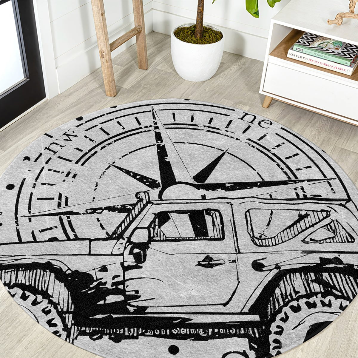 American Jeep Round Carpet Sketch Art Jeep Life DT01 - The Mazicc - S - 23.6 inches / 60 cm - Gray