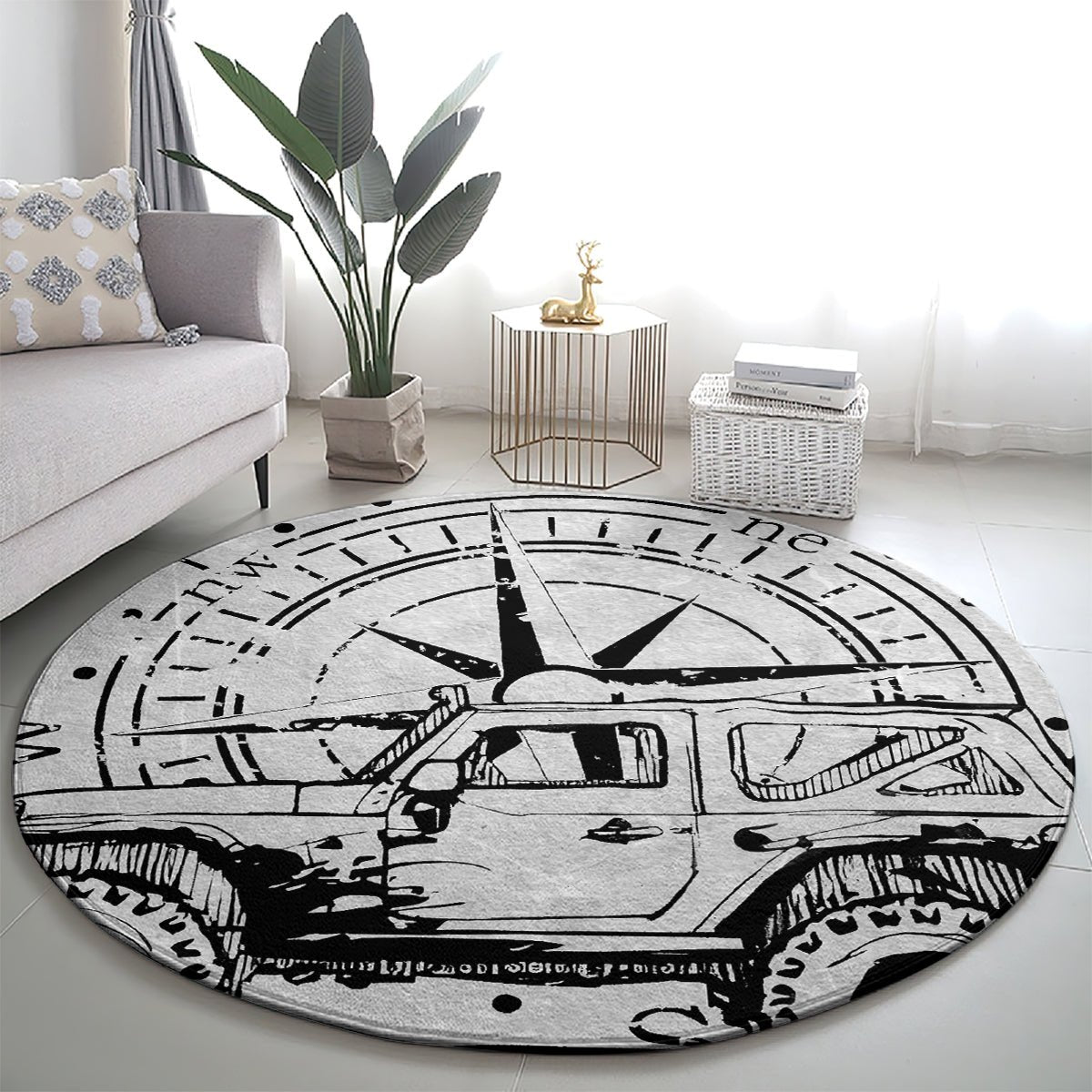 American Jeep Round Carpet Sketch Art Jeep Life DT01 - The Mazicc - S - 23.6 inches / 60 cm - Gray