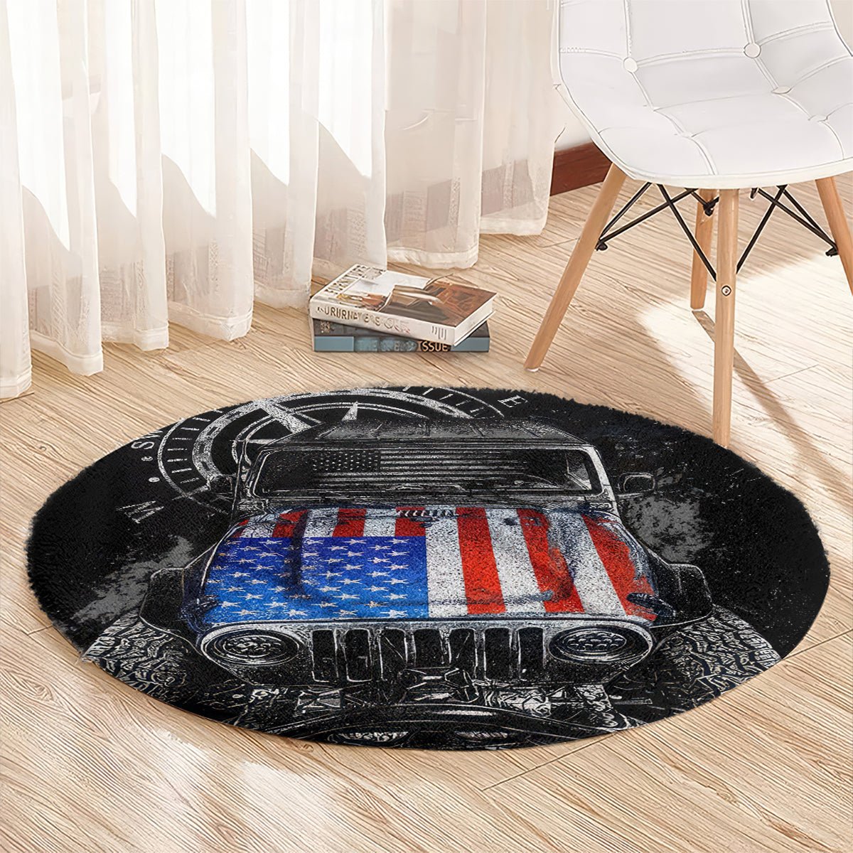 American Jeep Round Carpet Vintage Jeep Life DT01 - The Mazicc - S - 23.6 inches / 60 cm - Black