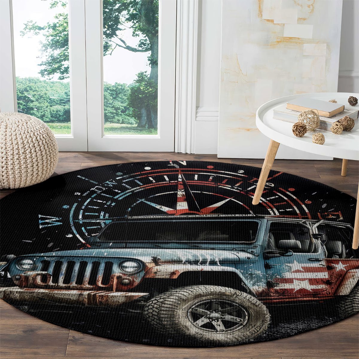 American Jeep Round Carpet Vintage Jeep Life DT01 - The Mazicc - S - 23.6 inches / 60 cm - Black