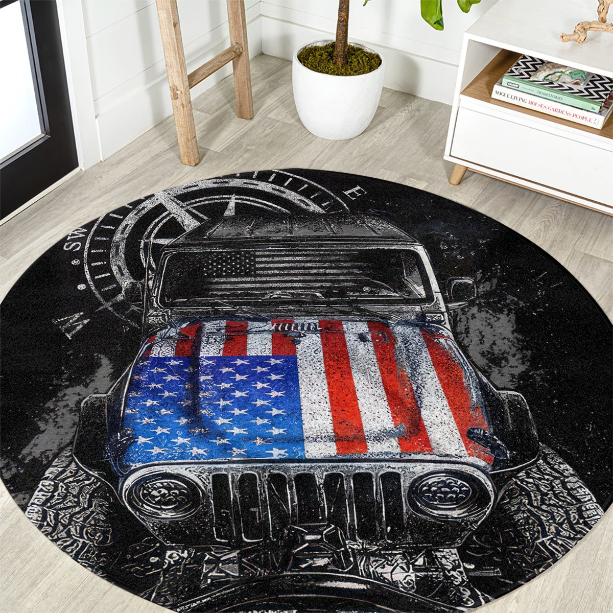 American Jeep Round Carpet Vintage Jeep Life DT01 - The Mazicc - S - 23.6 inches / 60 cm - Black