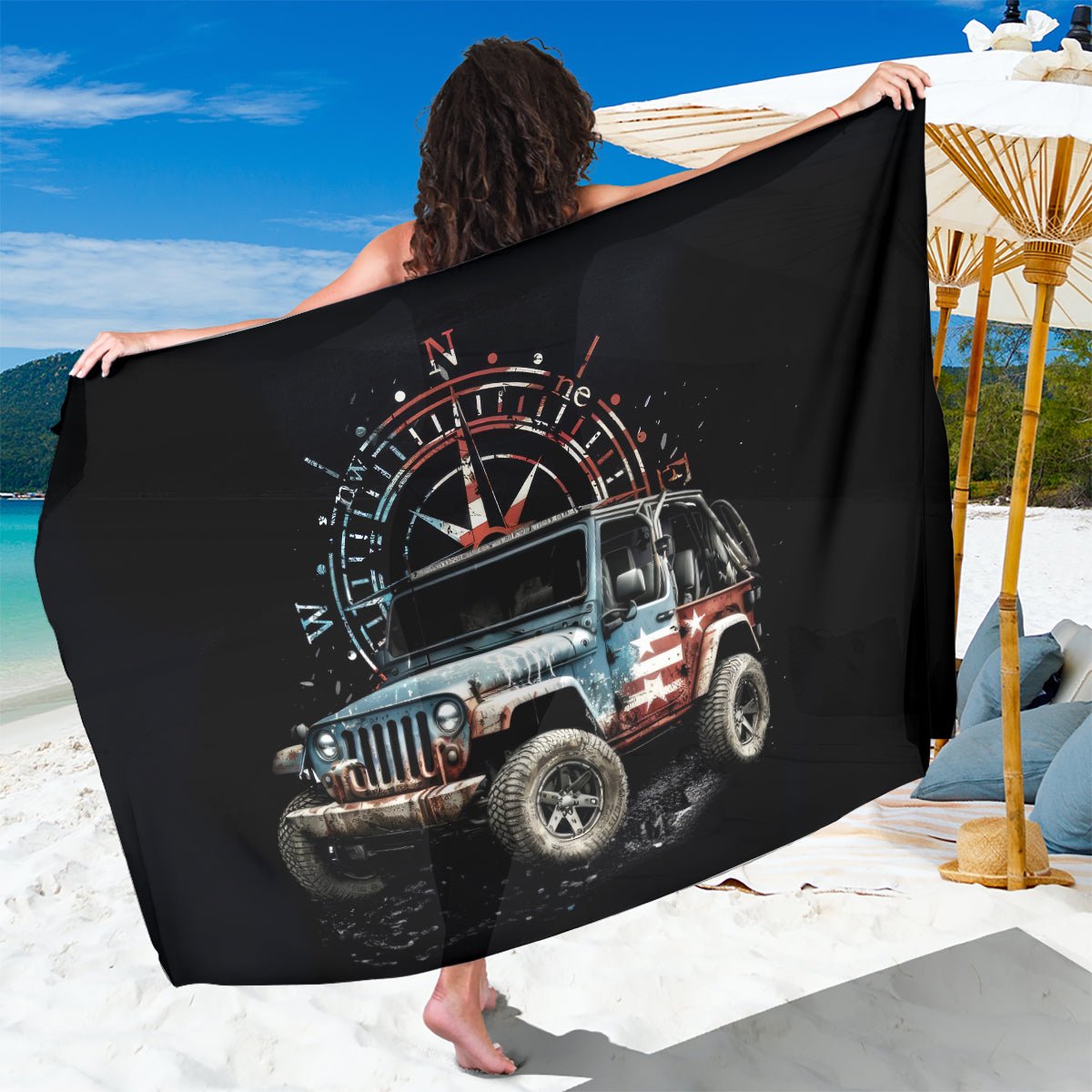 American Jeep Sarong Vintage Jeep Life DT01 - The Mazicc - One Size - 44 x 66 inches - Black