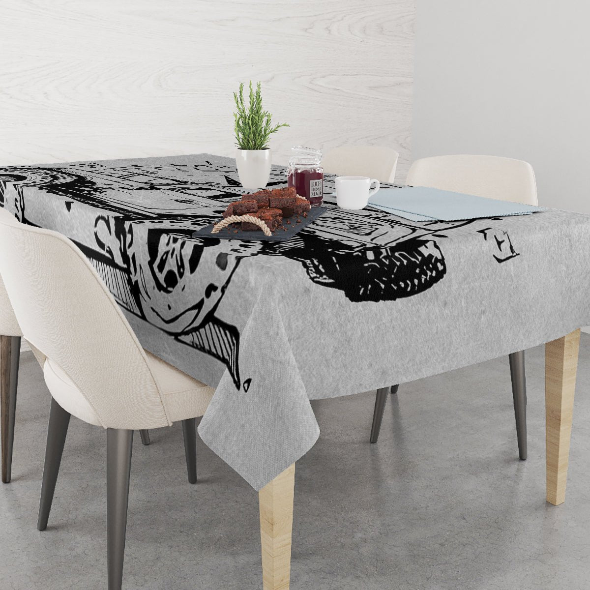 American Jeep Tablecloth Sketch Art Jeep Life DT01 - The Mazicc - S - 90 x 90 cm - Gray