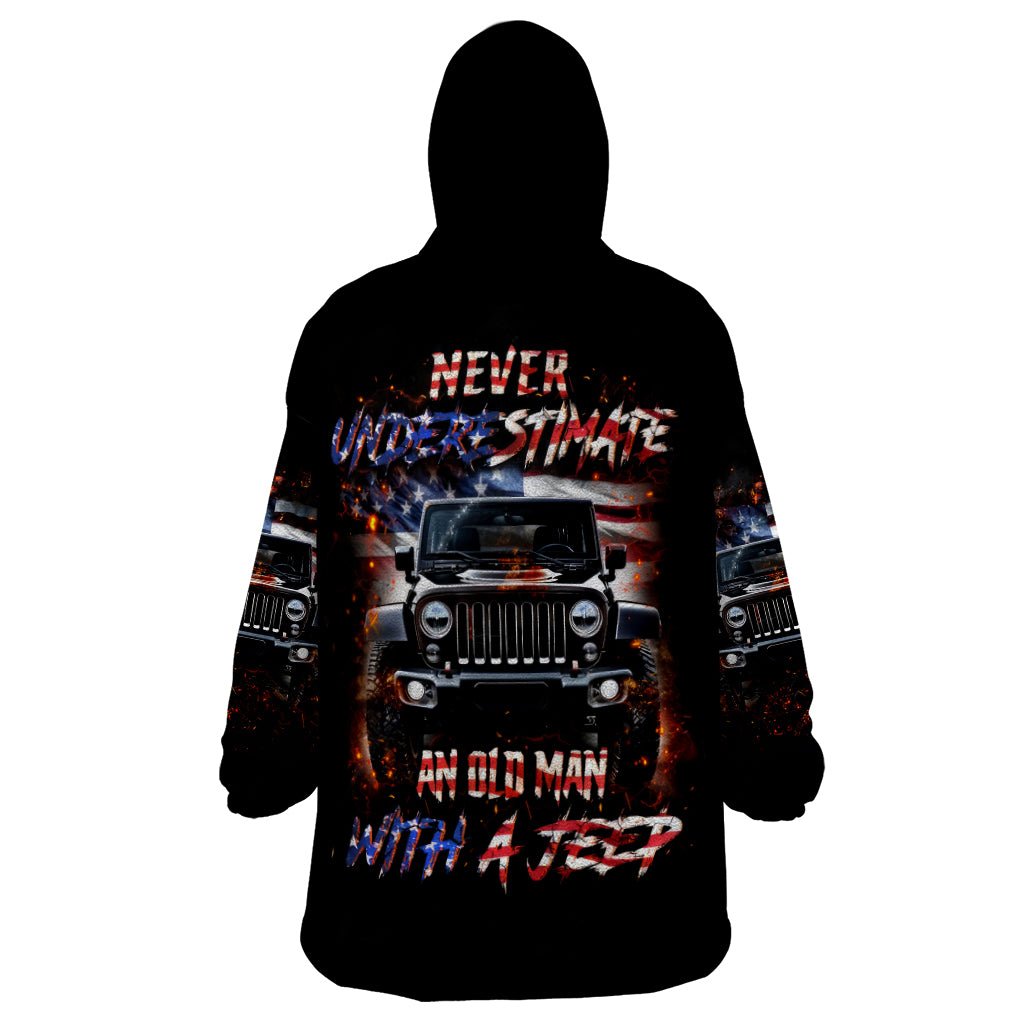 American Jeep Wearable Blanket Hoodie Never Underestimate An Old Man With A Jeep DT01 - The Mazicc - Adult - One Size - Black