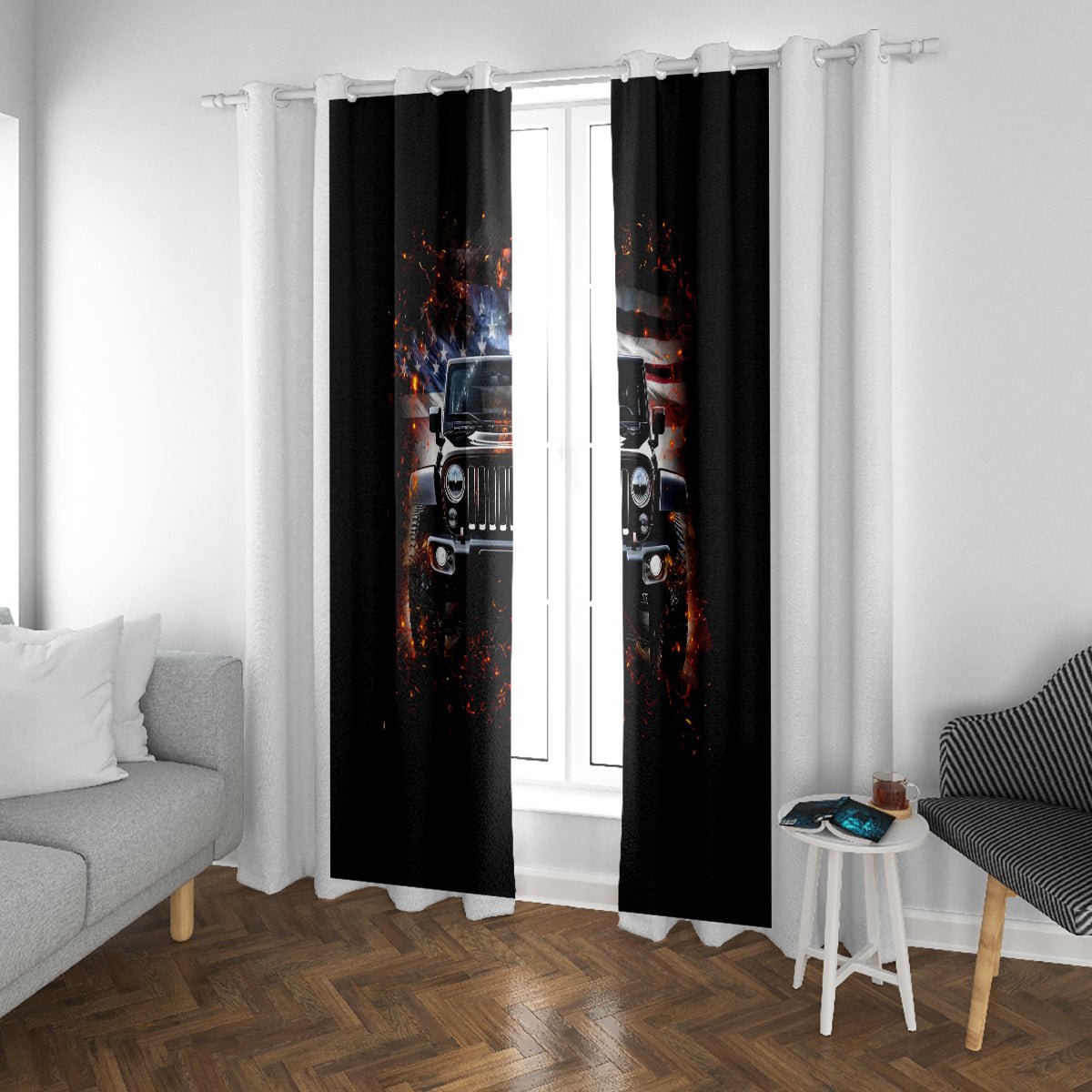 American Jeep Window Curtain Never Underestimate An Old Man With A Jeep DT01 - The Mazicc - With Grommets - 107cm x 213cm - Black