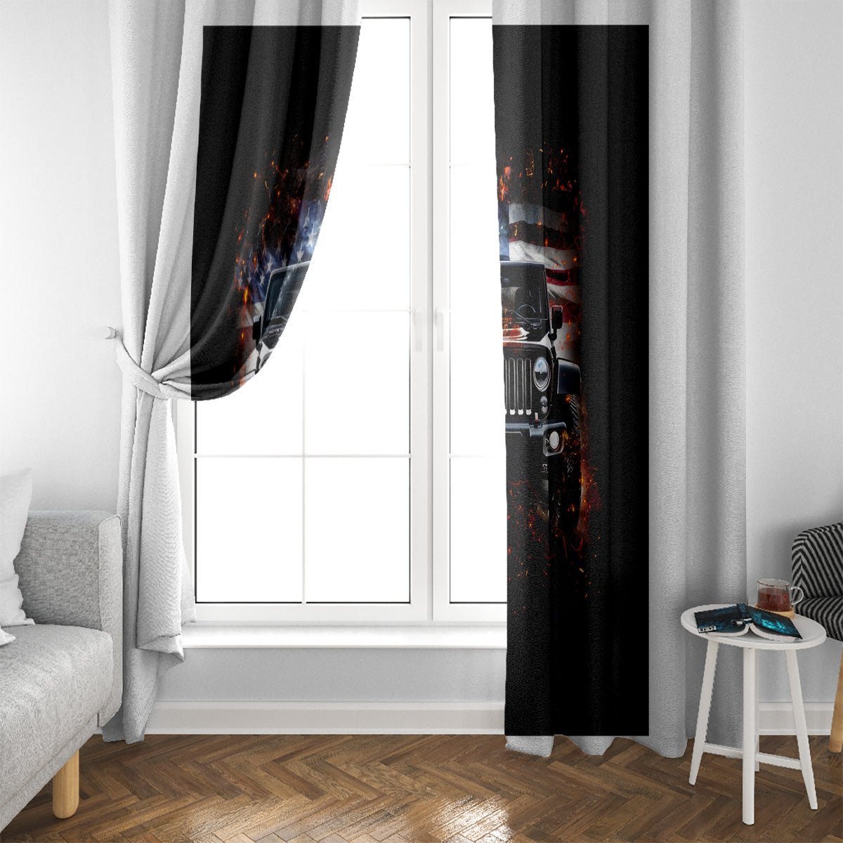 American Jeep Window Curtain Never Underestimate An Old Man With A Jeep DT01 - The Mazicc - With Hooks - 107cm x 213cm - Black