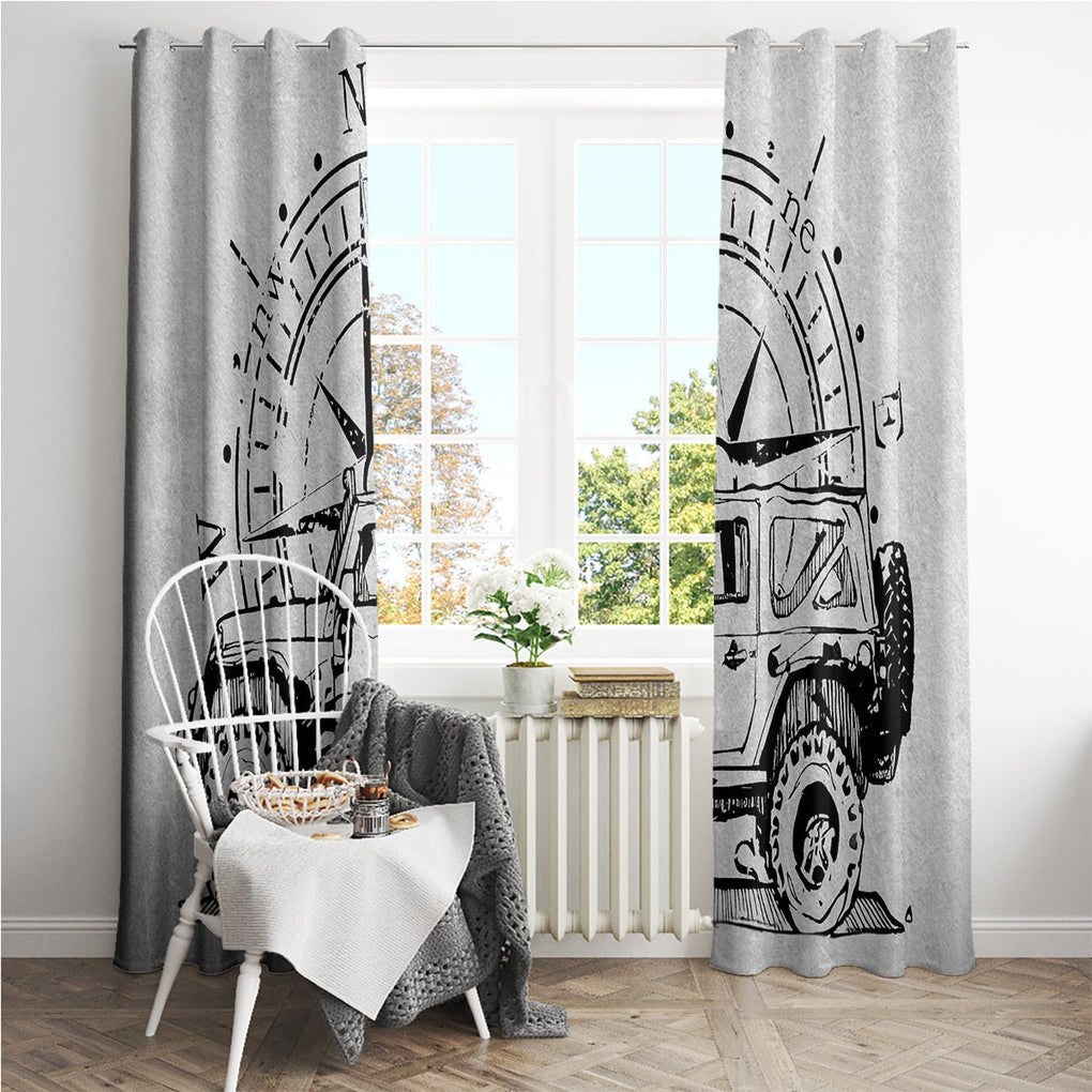 American Jeep Window Curtain Sketch Art Jeep Life DT01 - The Mazicc - With Grommets - 107cm x 213cm - Gray