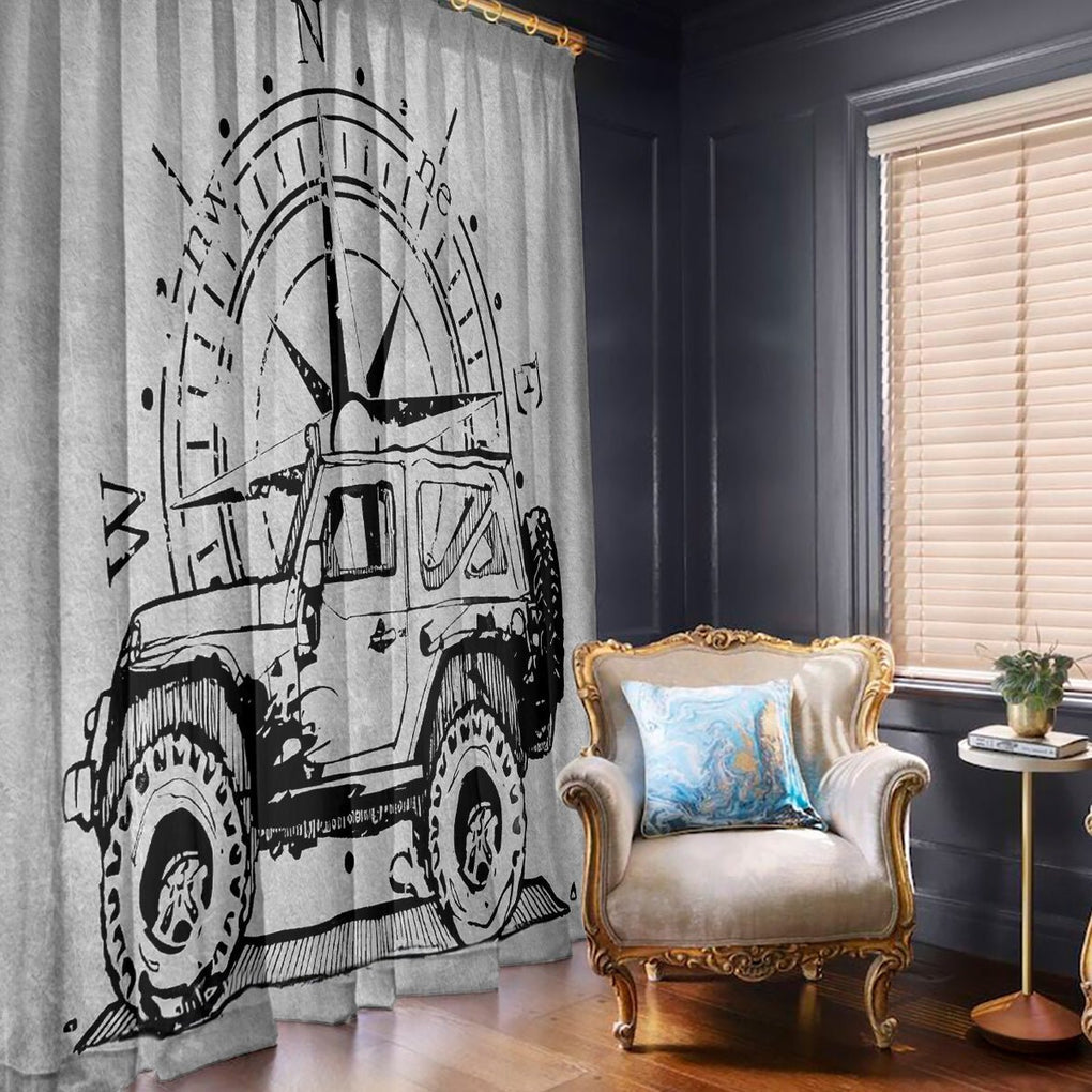 American Jeep Window Curtain Sketch Art Jeep Life DT01 - The Mazicc - With Hooks - 107cm x 213cm - Gray