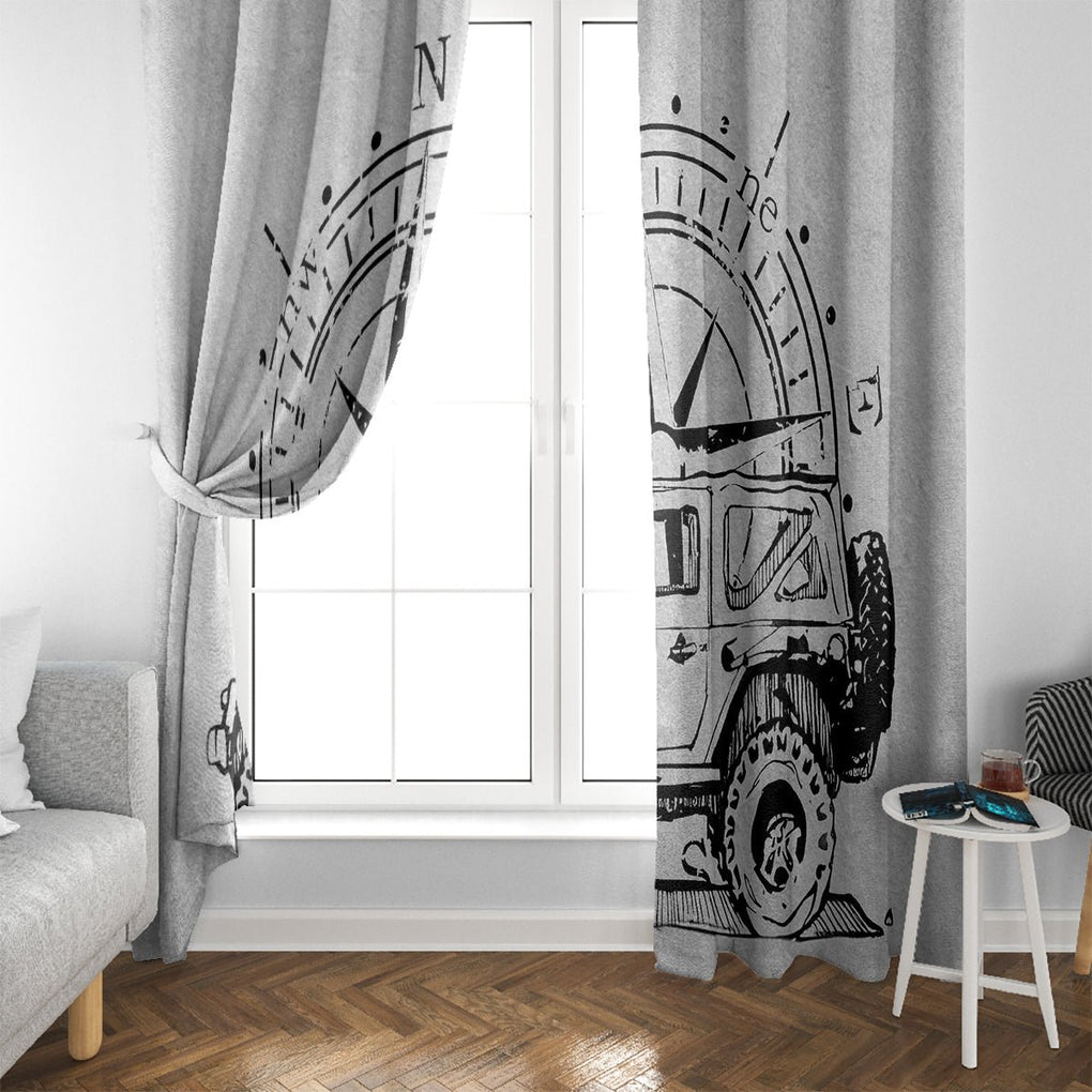 American Jeep Window Curtain Sketch Art Jeep Life DT01 - The Mazicc - With Hooks - 107cm x 213cm - Gray