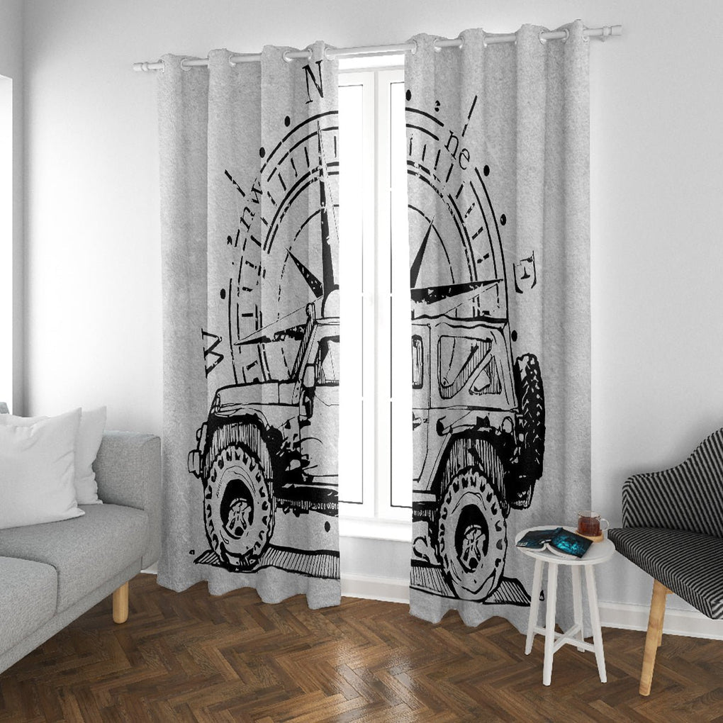 American Jeep Window Curtain Sketch Art Jeep Life DT01 - The Mazicc - With Grommets - 107cm x 213cm - Gray